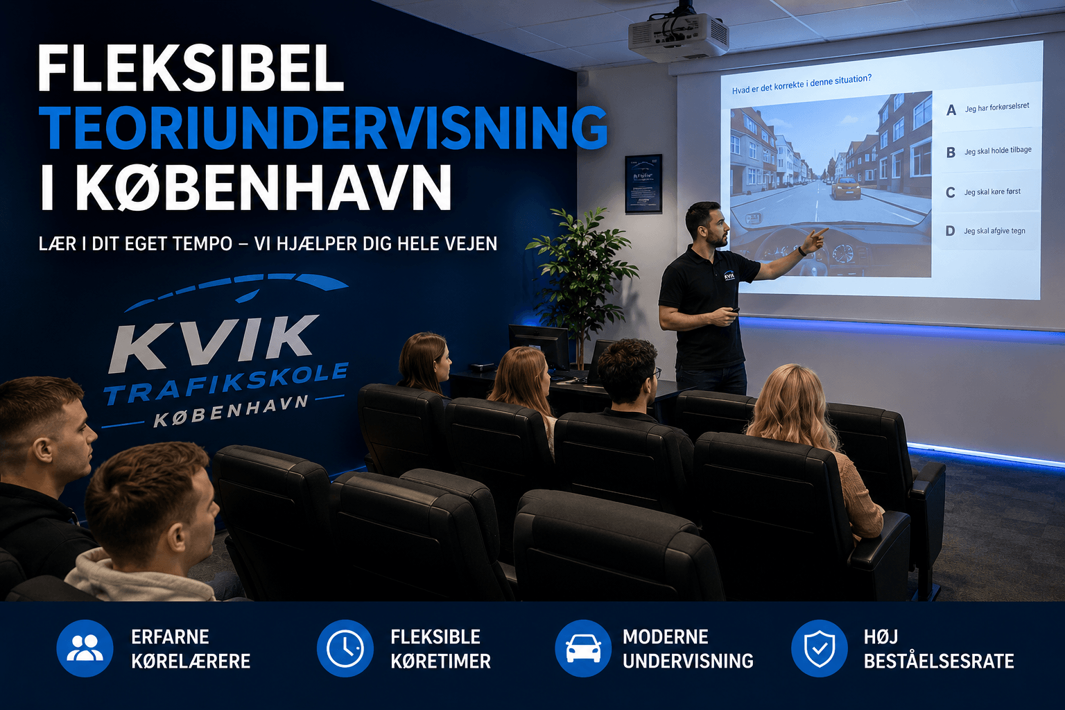 Fleksibel teoriundervisning i København | 96% beståelse | Kvik Trafikskole