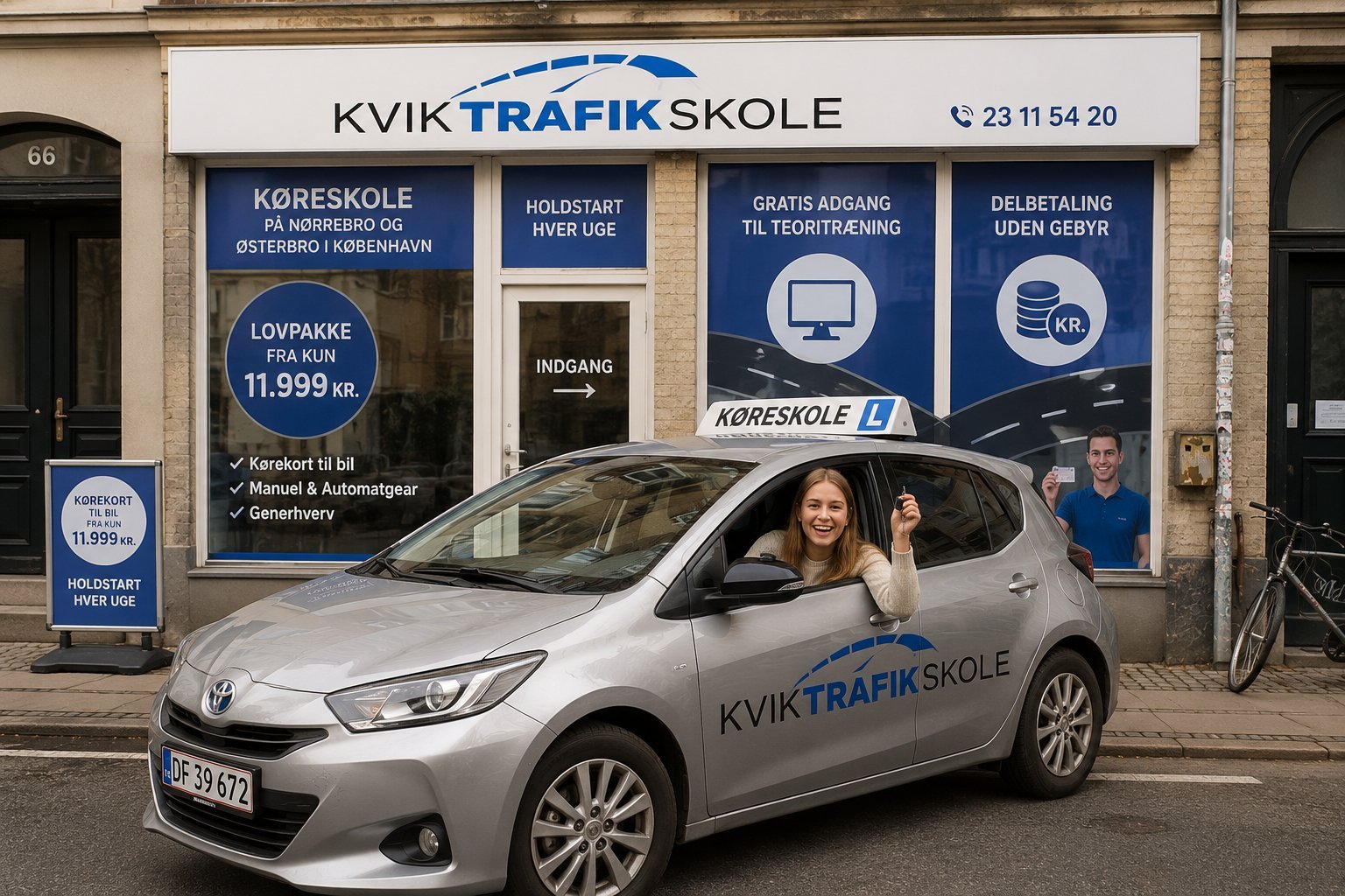 Ung kvinde i køreskolebil foran Kvik Trafik Skole, glad med nøgler.
